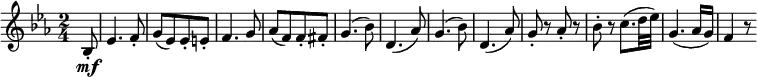  { \relative bes { \key es \major \time 2/4
\partial 8 bes8-. \mf | es4. f8-. | g8([ es) es-. e-.] | f4. g8 | as8([ f) f-. fis-.] |
g4.( bes8) | d,4.( as'8) | g4.( bes8) | d,4.( as'8) | g8-. r as-. r | bes8-. r c8.( d32 es) |
g,4.( as16 g) | f4 r8}} 