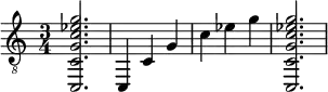  {
\clef "treble_8"
\time 3/4
<c, c g c' ees' g'>2.
<c, >4
<c >4
<g  >4
<c' >4
<ees' >4
<g' >4
<c, c g c' ees' g'>2.
}
