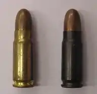 7.62mm Tokarev rounds. Left: Brass case FMJ. Right: lacquered steel case.