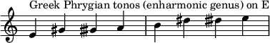  {
\override Score.TimeSignature #'stencil = ##f

\relative c' {
  \clef treble \time 4/4
  e4^\markup { Greek Phrygian tonos (enharmonic genus) on E } gis gisih a b dis disih e
} }
