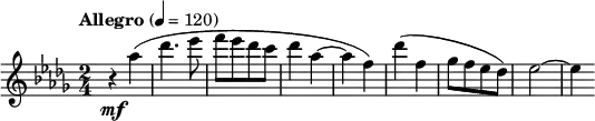 
{
  \new PianoStaff <<
    \new Staff \relative c''' {
      \tempo "Allegro" 4 = 120
      \clef treble \key bes \minor \time 2/4
      r4 \mf as(
      des4. es8
      f[ es des c]
      des4 as~
      as f)
      des'( f,
      ges8[ f es des])
      es2~
      es4
    }
  >>
}
