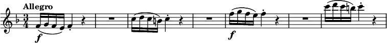 
\relative c' {
  \tempo "Allegro"
  \key f \major
  \time 3/4
  f16(\f g f e) f4-. r |
  R1*3/4 |
  c'16( d c b) c4-. r |
  R1*3/4 |
  f16(\f g f e) f4-. r |
  R1*3/4 |
  c'16( d c b) c4-. r |
}
