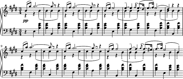 
 \relative b' {
  \new PianoStaff <<
   \new Staff { \key cis \minor \time 3/4
    <<
   {
     b8( gis') gis2.~ gis8 r r4 b,8( fis') fis2.~ fis8 r r4 b,8( e) e2-- e4--~ e4 \slashedGrace fis8( e8.)( dis16 e8. fis16) e2( dis4) r r cis8( a') a2.~ a8 r r4 cis,8( gis') gis2.~ gis8 r r4 cis,8( fis) fis2-- fis4--~ fis4 \slashedGrace gis8( fis8.)( eis16 fis8. gis16) e2( b4-.)
   }
    \\
   {
      r4 r b4-.( b-. b-. b-.) r4 r b4-.( b-. b-. b-.) r r b4-.( b-. b-. b-.) r r b4-.( b-. b-. b-.) r r cis4-.( cis-. cis-. cis-.) r4 r cis4-.( cis-. cis-. cis-.) r4 r b4-.( b-. b-. b-.) r4 r b4-. b-.
   }
    >>
   }
   \new Dynamics {
    s4\pp
   }
   \new Staff { \key cis \minor \time 3/4 \clef bass
      r e,, <b' e gis> <b e gis> b, <b' e gis> <b e gis> e, <b' e gis> <b e gis> b, <b' e gis> <b e gis> e, <b' e gis> <b e gis> gis <b e gis> <b e gis> fis <b e a> <b dis a'> b, <b' dis a'> <b dis a'> fis <cis' fis a> <cis fis a> cis, <cis' fis a> <cis fis a> fis, <cis' fis a> <cis fis a> a <cis fis a> <cis fis a> b, <b' dis a'> <b dis a'> b, <b' dis a'> <b dis a'> e, <b' e gis> <b e gis>
   }
  >>
 }
