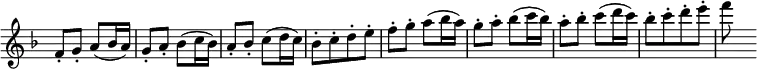 { \override Score.TimeSignature #'stencil = ##f \key f \major \time 2/4 \relative c' { f8-. g-. a( bes16 a) | g8-. a-. bes( c16 bes) | a8-. bes-. c( d16 c) | bes8-.[ c-. d-. e-.] | f-. g-. a( bes16 a) | g8-. a-. bes( c16 bes) | a8-. bes-. c( d16 c) | bes8-.[ c-. d-. e-.] | f s } }