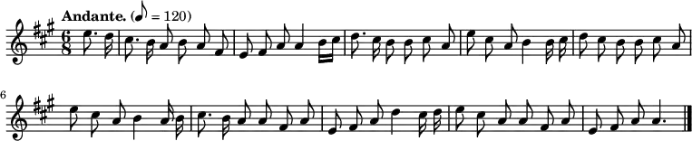 

  \relative c'' {
    \language "english"
    \key a \major
    \time 6/8
    \autoBeamOff
    \tempo "Andante." 8=120
    \partial 4
    e8. d16 |
    cs8. b16 a8 b8 a8 fs8 |
    e8 fs8 a8 a4 b16[ cs16] |
    d8. cs16 b8 b8 cs8 a8 |
    e'8 cs8 a8 b4 b16 cs16 |
    d8 cs8 b8 b8 cs8 a8 |
    e'8 cs8 a8 b4 a16 b16 |
    cs8. b16 a8 a8 fs8 a8 |
    e8 fs8 a8 d4 cs16 d16 |
    e8 cs8 a8 a8 fs8 a8 |
    e8 fs8 a8 a4. \bar "|."
  }
