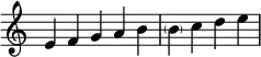  {
\override Score.TimeSignature #'stencil = ##f
\relative c' {
  \clef treble \time 5/4
  e4 f g a b
  \time 4/4
  \parenthesize b c d e
} }
