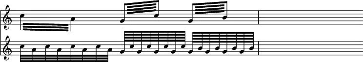 
\relative c'' << { \override Score.TimeSignature #'stencil = ##f } \time 2/4 \new staff { \repeat tremolo 4 { c32 a } \repeat tremolo 4 { g64 c } \repeat tremolo 4 { g64 b } | s4 } \new staff { c32 a c a c a c a g64 [c g c g c g c] g [b g b g b g b] | s4 } >>
