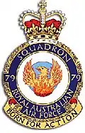 Crest of 79 Squadron, Royal Australian Air Force, featuring a phoenix and the motto "Born for Action"