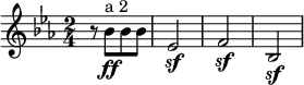 
\relative c'' {
\set Staff.midiInstrument = #"french horn"
\key c \minor
\time 2/4
r8 bes[\ff^"a 2" bes bes] | es,2\sf | f\sf | bes,\sf |
}
