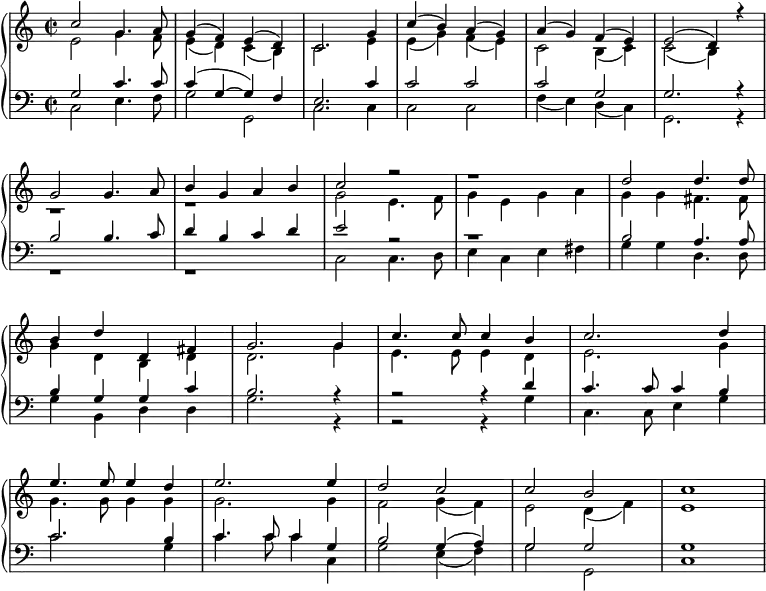 
{ \new PianoStaff <<
    \language "english" 
  \new Staff << 
    \new Voice \relative c'' { \set Score.tempoHideNote = ##t \override Score.BarNumber  #'transparent = ##t \tempo 2 = 74 \voiceOne \clef treble \key c \major \time 2/2
  c2 g4. a8 | g4( f) e( d) | c2. g'4 | c( b) a( g) | a( g) f( e) | e2( d4) r4 | \break
  g2 g4. a8 | b4 g a b | c2 r2 | r1 | d2 d4. d8 | \break 
  b4 d d, fs | g2. g4 | c4. c8 c4 b | c2. d4 | \break
  e4. e8 e4 d | e2. e4 | d2 c | c b  | c1
 } 
    \new Voice \relative c' { \voiceTwo 
  e2 g4. f8 | e4( d) c( b) | c2. e4 | e( g) f( e) | c2 b4( c) | c2( b4) s4 |
  r1 | r | g'2 e4. f8 | g4 e g a | g g fs4. fs8 | 
  g4 d b d | d2. g4 | e4. e8 e4 d | e2. g4 | 
  g4. g8 g4 g | g2. g4 | f2 g4( f) | e2 d4( f) | e1
 } 
  >>
  \new Staff <<
    \new Voice \relative c' { \clef bass \key c \major \time 2/2 \voiceOne
  g2 c4. c8 | c4( g ~ g) f | e2. c'4 | c2 c | c g | g2. r4 |
  b2 b4. c8 | d4 b c d | e2 r2 | r1 | b2 a4. a8 | 
  b4 g g c | b2. r4 | r2 r4 d | c4. c8 c4 b4 | 
  c2. b4 | c4. c8 c4 g | b2 g4( a) | g2 g | g1
 }
    \new Voice \relative c { \voiceTwo 
  c2 e4. f8 | g2 g,2 | c2. c4 | c2 c | f4( e) d( c) | g2. r4 |
  r1 | r | c2 c4. d8 | e4 c e fs | g g d4. d8 | 
  g4 b, d d | g2. r4 | r2 r4 g | c,4. c8 e4 g4 | 
  c2. g4 | c4. c8 c4 c, | g'2 e4( f) | g2 g, | c1
 } 
   >> >> }
