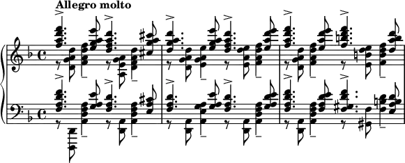 
\layout {
	#(layout-set-staff-size 16)
}
\relative c'' {
	\new PianoStaff <<
		\new Staff {
			\key f \major
			<<
				{ <f a d f>4.^\markup{\bold{Allegro molto}}-> <e g a e'>8
				<d f a d>4.-> <cis g' a cis>8
				<d g a d>4.-> <e g a e'>8
				<d f a d>4.-> <e a d e>8
				<f a d f>4.-> <e a d e>8
				<f b d f>4.-> <d a' b d>8 }
				\\
				{ r8 <d, g a d> <f a d f>4--
				r8 <a, e' g a> <d f a d>4--
				r8 <d g a d> <e g a e'>4--
				r8 <e a d e> <f a d f>4--
				r8 <d g a d> <f a d f>4--
				r8 <e b' d e> <f b d f>4-- }
			>>
		}
		\new Staff {
			\key f \major
			\clef bass
			<<
				{ <f, a d f>4.-> <g a e'>8
				<f a d>4.-> <e a cis>8
				<f a d>4.-> <g a e'>8
				<f a d>4.-> <g a d e>8
				<f a d f>4.-> <f a d e>8
				<f gis d' f>4.-> <e a b d>8 }
				\\
				{ r8 <d,, d'> <a'' d f a>4--
				r8 <d, a'> <a' d f a>4--
				r8 <d, a'> <a' e' g a>4--
				r8 <d, a'> <a' d f a>4--
				r8 <d, a'> <a' d f a>4--
				r8 <gis f'> <f' b d>4-- }
			>>
		}
	>>
}