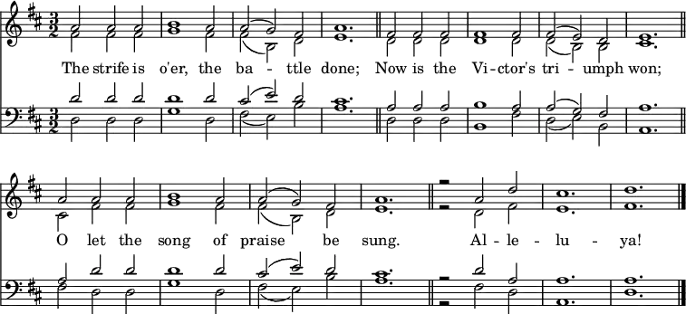 
<< <<
\new Staff { \clef treble \time 3/2 \key d \major \set Staff.midiInstrument = "church organ" \set Score.tempoHideNote = ##t \override Score.BarNumber  #'transparent = ##t
  \relative c'' 
  << { a2 a a | b1 a2 | a( g) fis | a1. \bar"||"
  fis2 fis fis | fis1 fis2 | fis( e) d | e1. \bar"||" \break
  a2 a a | b1 a2 | a( g) fis | a1. \bar"||"
  r2 a2 d | cis1. | d1. \bar"|." } \\
  { fis,2 fis fis | g1 fis2 | fis( b,) d | e1. |
  d2 d d | d1 d2 | d( b) b | cis1. |
  cis2 fis fis | g1 fis2 | fis( b,) d | e1. |
  r2 d2 fis | e1. | fis1. } >>
}
\new Lyrics \lyricmode {
The2 strife is o'er,1 the2 ba1 -- ttle2 done;1.
Now2 is the Vi1 -- ctor's2 tri1 -- umph2 won;1.
O2 let the song1 of2 praise1 be2 sung.1.
""2 Al2 -- le -- lu1. -- ya!
}
\new Staff { \clef bass \key d \major \set Staff.midiInstrument = "church organ"
  \relative c'
  << { d2 d d | d1 d2 | cis( e) d | cis1. |
  a2 a a | b1 a2 | a( g) fis | a1. |
  a2 d d | d1 d2 | cis( e) d | cis1. |
  r2 d2 a | a1. | a1. } \\
  { d,2 d d | g1 d2 | fis( e)  b' | a1. |
  d,2 d d | b1 fis'2 | d( e) b | a1. |
  fis'2 d d | g1 d2 | fis( e) b' | a1. |
  r2 fis2 d | a1. | d1. } >>
}
>> >>
\layout { indent = #0 }
\midi { \tempo 2 = 116 }
