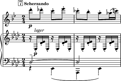 
<<
    \new Staff="clar" \relative c'' {
      \transposition bes
      \set Staff.midiInstrument = #"clarinet"
      \clef treble
      \time 2/4
      \key bes \major
      \mark \markup { \box "7" \bold \small "Scherzando"}
      d'8-.\p des-. c-. ees-. | ces8-. bes-. a-. aes16( c)
    }
    \new PianoStaff {
      <<
        \new Staff="one" \relative c {
          \clef treble
          \key aes \major
          \time 2/4
          r16 ees-.\p^\markup { \italic "leger" } << ees' des-. >> ees,-.
          \repeat unfold 3 { r16 ees-. << ees' des-. >> ees,-. }
        }
        \new Staff="two" \relative c {
          \clef bass
          \key aes \major
          \time 2/4
          << { des2--~ | des2 } \\
             { r4 ees,-.( | aes,4-. ees'-.) } >>
        }
      >>
    }
  >>
