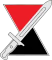 An hourglass, red on top and black on bottom, with diagonal bayonet imposed over it