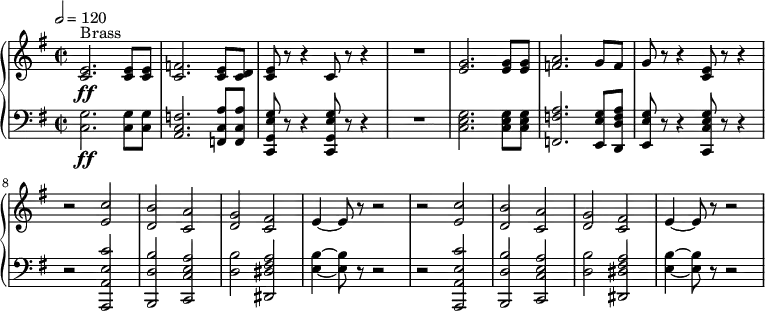 
{  \new PianoStaff <<
    \new Staff \relative c' { \clef treble \time 2/2 \key e \minor \tempo 2 = 120 <e c>2.^"Brass"\ff <e c>8 <e c> | <f c>2. <e c>8 <d c> | <e c>8 r r4 c8 r r4 | R1 | <g' e>2. <g e>8 <g e> | <a f>2. g8 f | g8 r r4 <e c>8 r r4 | r2 <c' e,> | <b d,> <a c,> | <g d> <fis c> | e4~ e8 r r2 | r2 <c' e,> | <b d,> <a c,> | <g d> <fis c> | e4~ e8 r r2 } 
    \new Staff \relative c' { \clef bass \time 2/2 \key e \minor <g c,>2.\ff <g c,>8 <g c,> | <f c a>2. <a c, f,>8 <a c, f,> | <g e g, c,>8 r r4 <g e g, c,>8 r r4 | R1 | <g e c>2. <g e c>8 <g e c> | <a f f,>2. <g e e,>8 <a f d d,> | <g e e,>8 r r4 <g e c c,>8 r r4 | r2 <c e, a, a,> <b d, b,> <a e c c,> | <b d,> <a fis dis dis,> | <b e,>4~ <b e,>8 r r2 | r2 <c e, a, a,> <b d, b,> <a e c c,> | <b d,> <a fis dis dis,> | <b e,>4~ <b e,>8 r r2 } >>  }
