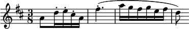 
  \relative c' { \clef treble \key d \major \time 3/8 a'8 d16-. e-. cis-. a fis'4.-.( a16 g fis g e fis d8) }
