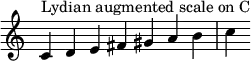  {
\override Score.TimeSignature #'stencil = ##f
\relative c' { 
  \clef treble \time 7/4
  c4^\markup { Lydian augmented scale on C } d e fis gis a b c
} }
