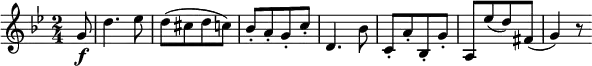  { \tempo 4 = 120 \set Score.tempoHideNote=##t \set Staff.midiInstrument = "violin" \relative g' { \key g \minor \time 2/4
\partial 8 g8 \f | d'4. es8 | d8([ cis d c)] | bes8-.[ a-. g-. c-.] | d,4. bes'8 |
c,8-.[ a'-. bes,-. g'-.] | a,8[ es''( d) fis,(] | g4) r8 }} 