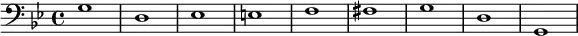 
   {
        \new Staff <<
            \new Voice \relative c' {
                \stemDown \clef bass \key g \minor \time 4/4 \tempo 1 = 60 \set Score.tempoHideNote = ##t
                g1 d es e f fis g d g,
                }
            >>
     }
