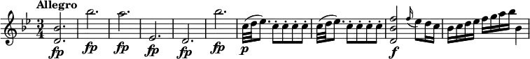 
\relative c'' {
  \key bes \major
  \tempo "Allegro"
  \time 3/4
  <bes d,>2.\fp bes'\fp a\fp es,\fp d\fp bes''\fp c,32\p (d es8.) \repeat unfold 4 {c8-.} c32 (d es8.) \repeat unfold 4 {c8-.} <f bes, d,>2\f \grace f16(es8) d16 c bes c d es f g a bes bes,4
}
