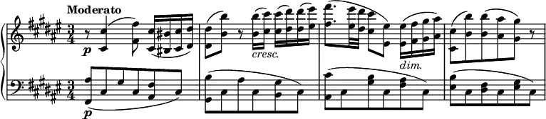 
{ \new PianoStaff <<
\new Staff \relative cis' { \set Staff.midiInstrument = #"piano" \key fis \major \clef treble \time 3/4 \set Score.tempoHideNote = ##t \tempo "Moderato" 4 = 54
  r8 \p <cis cis'>4 ( <fis fis'>8 ) <cis
  cis'>16 ( <bis bis'>16 <cis cis'>16 <dis dis'>16 ) | % 2
  <dis dis'>8 ( <b' b'>8 ) r8 <b b'>16 _\markup{ \italic {cresc.} } (
  <cis cis'>16 ) <cis cis'>16 ( <dis dis'>16 ) <dis dis'>16 ( <eis
  eis'>16 ) | % 3
  <fis fis'>8. ( <eis eis'>32 <dis dis'>32 <cis cis'>8 <eis, eis'>8 )
  <eis eis'>16 _\markup{ \italic {dim.} } ( <fis fis'>16 <gis gis'>16
  <ais ais'>16 ) | % 4
  <cis, cis'>8 ( <b' b'>8 ) <b b'>8 ( <ais ais'>8 <gis gis'>8 ) r8
  }
\new Staff \relative fis, { \set Staff.midiInstrument = #"piano" \key fis \major \clef bass \time 3/4
  <fis ais'>8 \p ( cis'8 gis'8 cis,8
  <ais fis'>8 cis8 ) | % 2
  <gis b'>8 ( cis8 ais'8 cis,8 <b gis'>8 cis8 ) | % 3
  <ais cis'>8 ( cis8 <gis' b>8 cis,8 <fis ais>8 cis8 ) | % 4
  <eis b'>8 ( cis8 <dis fis>8 cis8 <eis gis>8 cis8 ) }
>> }
