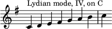 
{
\override Score.TimeSignature #'stencil = ##f
\key c \lydian
\relative c' { 
  \clef treble 
  \time 7/4 c4^\markup { Lydian mode, IV, on C } d e fis g a b c
} }
