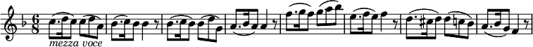  { \tempo 8 = 112  \set Score.tempoHideNote=##t  \set Staff.midiInstrument = "violin" \relative c'' { \key f \major \time 6/8
c8.( _\markup { \italic "mezza voce" } d16 c8) c8( d a) | bes8.( c16) bes8) bes4 r8 |
bes8.( c16 bes8) bes8( d g,) | a8.( bes16 a8) a4 r8 |
f'8.( g16 f8) g( a bes) | e,8.( f16 e8) f4 r8 | d8.( cis16 d8) d( c bes) | a8.( bes16 g8) f4 r8 }}
\layout { \context { \Score \override SpacingSpanner.common-shortest-duration = #(ly:make-moment 2/8) }} 