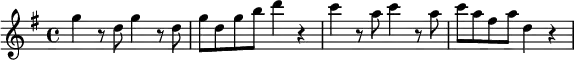 
\layout { \set Score.tempoHideNote = ##t }
\relative c''' { 
  \set Staff.midiInstrument = #"string ensemble 1"
  \tempo 4 = 148
  \key g \major
  \time 4/4
  g4 r8 d8 g4 r8 d8 | g8 d g b d4 r4 | c4 r8 a8 c4 r8 a8 | c8 a fis a d,4 r4
}
