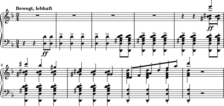 
\relative c''' {
  \new PianoStaff <<
    \new Staff <<
      \new Voice = "first" {
        \set Staff.midiInstrument = #"piano" \set Score.tempoHideNote = ##t \tempo "Bewegt, lebhaft" 4 = 175 \stemUp \clef treble \key d \minor \time 3/4
        R2.*4 |
        s4 s4 e4 ^. |
        cis4 ^. bes4 ^. gis4 ^. |
        e4 ^. cis4 ^. gis4 ^. |
        d8 ^. f8 ^. a8 ^. d8 ^. f8 ^. a8 ^. |
        d4 ^. s2 |
      }
      \relative c'' \new Voice = "second" {
        \stemDown
        s1*3 |
        r4 r4 <gis bes cis>8 \ff _. <gis bes cis>8 _. |
        <gis bes cis>4 _. <gis bes cis>4 _. <gis bes cis>4 _. |
        <gis bes cis>4 _. <gis bes cis>4 _. <gis bes cis>4 _. |
        <d f a d>4 _. <d f a d>4 _. <d f a d>4 _. |
        <f a d>4 _. r2 |
      }
    >>
    \new Staff <<
      \relative c \new Voice = "third" {
        \clef bass \key d \minor \time 3/4
        r4 r4 <d d'>8 \ff <d d'>8 |
        <d d'>4 -> <d d'>4 -> <d d'>4 -> |
        <d d'>4 -> <d d'>4 -> <d, d' gis bes d e>8 <d d' gis bes d e>8 |
        <d d' gis bes d e>4 -> <d d' gis bes d e>4 -> <d d' gis bes d e>4 -> |
        <d d' gis bes d e>4 -> <d d' gis bes d e>4 -> <d d' gis bes d e>8 -. <d d' gis bes d e>8 -. |
        <d d' gis bes d e>4 -. <d d' gis bes d e>4 -. <d d' gis bes d e>4 -. |
        <d d' gis bes d e>4 -. <d d' gis bes d e>4 -. <d d' gis bes d e>4 -. |
        <d d' a'>4 -. <d d' a'>4 -. <d d' a'>4 -. |
        <d d' a'>4 -. r2 |
      }
    >>
  >>
}
