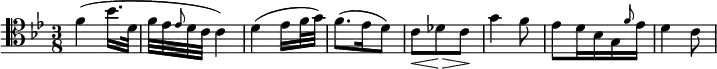   {
\relative c' { \clef tenor \key bes \major \time 3/8
  f( bes16. d,32 | f ees \grace ees8 d32 c c4) | d( ees16 f32 g) | f8.( ees16 d8) | c\< des\!\> c\! | g'4 f8 | ees d16 bes g \grace f'8 ees16 | d4 c8
} }
\layout { \context {\Score \omit BarNumber} line-width = #180 }
