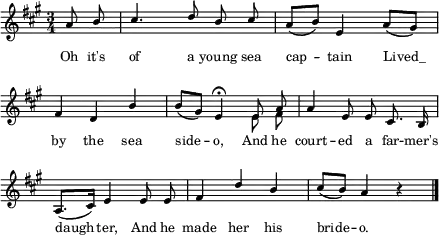  
\new Staff \with{ \magnifyStaff #3/4 } << 
{ \new Voice \relative c' {
  \clef treble \key a \major \time 3/4
  \autoBeamOff \partial 4 a'8 \stemUp b cis4. d8 b cis | a[( b)] e,4 a8[( gis)] | \break
  fis4 d b' b8[( gis)] e4 \fermata e8 a | a4 e8 e cis8. b16 | \break
  a8.[( cis16)] e4 e8 e | fis4 d' b | cis8[( b)] a4 r \bar "|."
} 
\addlyrics { \override LyricText.font-size = #-1 Oh it's of a young sea cap -- tain \markup{Lived_} by the sea side -- o, And he court -- ed a far -- mer's daugh -- ter, And he made her his bride -- o. } }
{ \new Voice \relative c' {
  \clef treble \key a \major \time 3/4
  \autoBeamOff \stemDown s1 | s1 | s1 | e8 fis |
} } 
>>
\layout { \context {\Score \omit BarNumber} line-width = #110 }
