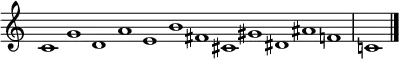  {
\omit Score.TimeSignature
\relative c' { \set Score.tempoHideNote = ##t \tempo 1 = 60 \time 12/1
  c1 g' d a' e b' fis cis gis' dis ais' f | c! \bar "|."
} }
\layout { \context {\Score \omit BarNumber} line-width = #100 }
