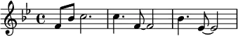 
 \relative
 {
  \key g \minor
  \time 4/4
     f'8 bes8 c2.
     c4. f,8 ~ f2
     bes4. es,8 ~ es2
        
  }

