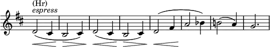 
\relative c' \new Staff \with { \remove "Time_signature_engraver" } {
 \key d \major \time 3/4
  d2^\markup { \italic espress } ^\markup (Hr) \<( cis4 b2\> cis4) d2\<( cis4 b2\> cis4) d2\<( fis4 a2\! bes4) b!2( a4) g2.
}
