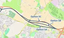 A picture showing a map of different routings of Option 5, which was a single carriageway road between Switch Island the A565 Southport Road