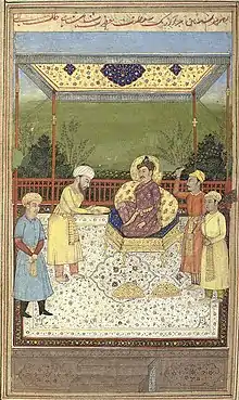 Abu'l Fazl Ibn Mubarak presenting the Akbarnama to the emperor (D. 1602 AD)