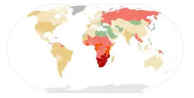 alt=Estimated prevalence in % of HIV among young adults (15–49) per country as of 2011.

 



  No data
  <0.10
  0.10–0.5
  0.5–1


  1–5
  5–15
  15–50