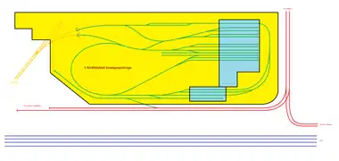 Terminus and depot layout (yellow=underground; green=depot tracks; red=tram tracks; blue=rail tracks)