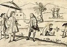 A Spaniard and Criollo talking, while Indios are cockfight with Aetas in the background. detail from Carta Hydrographica y Chorographica de las Yslas Filipinas.