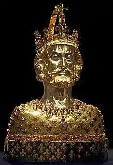 Imperial crown on the head of the Charlemagne reliquary in Aachen