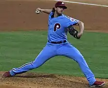 Aaron Nola throwing a pitch.