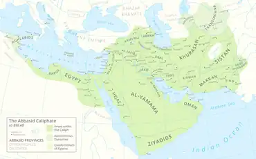 Map of the Middle East, with the territory of the Abbasid Caliphate in green and the main cities and provinces shown