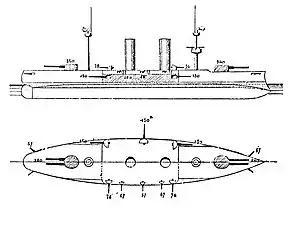 A black and white design drawing of a ship, with a top-down view and one from the side.