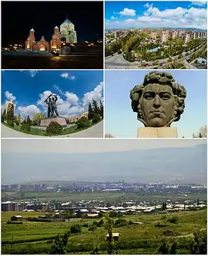 From top left:Surp Hovhannes Church • Abovyan skylineFriendship Square • Khachatur Abovyan's bustGeneral view of Abovyan