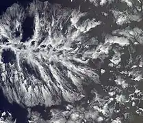 Actinoform cloud over the eastern Pacific Ocean.