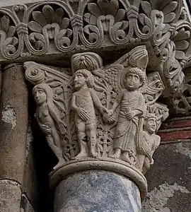 Capital of a column depicting Adam and Eve being chased from Paradise, in the Basilica of Saint-Sernin, Toulouse