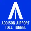 A blue sign with a stylized "A" logo and the name of the tunnel.