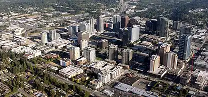 Aerial view of Bellevue, a satellite city in the Seattle metropolitan area and the fifth largest municipality in Washington