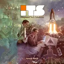 The album title appears above a woman using a computer and a man watching over her shoulder. The two are surrounded by scientific imagery such as flasks, microchip patterns, and a rocket ship, as well as some mystic symbols such as a yogi and the Eye of Providence.