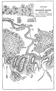 Black and white map shows locations of the forces at the Battle of Monett's Ferry.